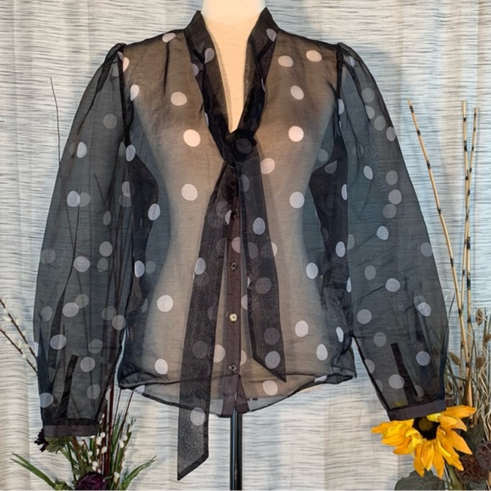 White House Black Market black and white polka-dots mesh see-through blouse. - Picture 4 of 16